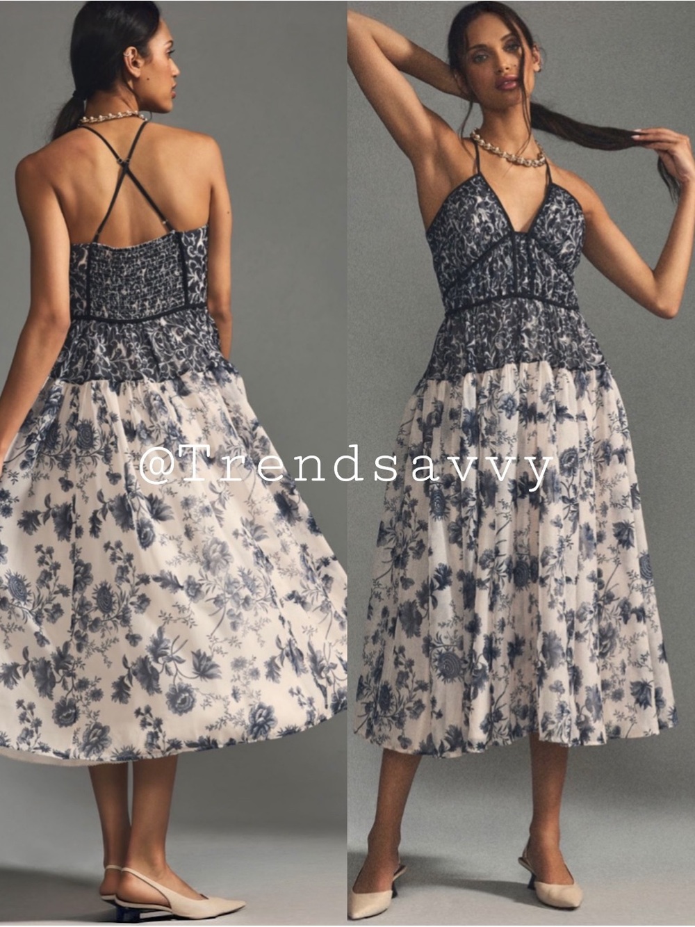 Anthropologie Navy Floral V Neck Smocked Back Garden Party Flowy Midi Dress XXSP